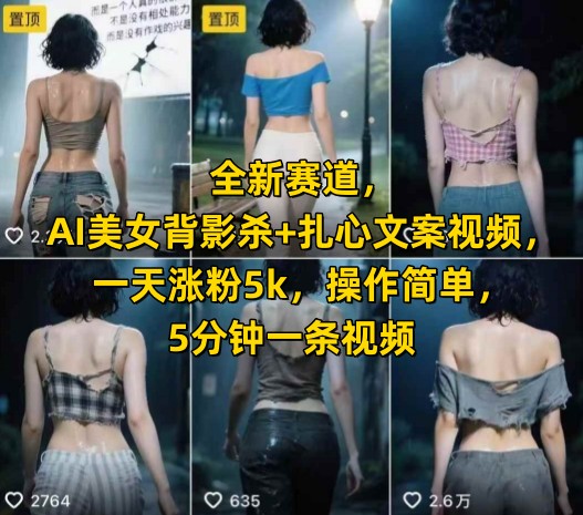 全新赛道，AI美女背影杀+扎心文案视频，一天涨粉5k，操作简单，5分钟一条视频-项目创薪