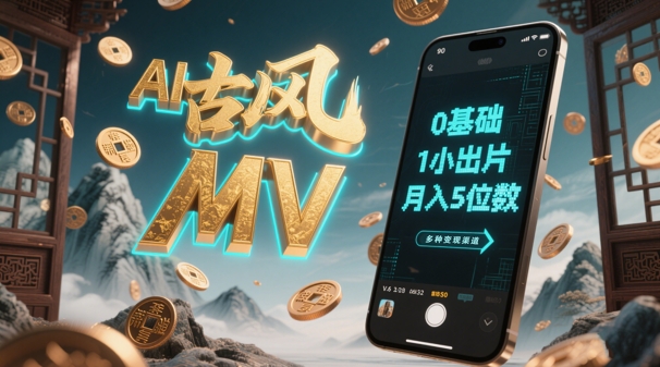AI一键生成古风音乐MV，0剪辑基础1小时出片，多种变现渠道，一部手机月入5位数-项目创薪