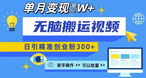无脑搬运视频号可批量复制，新手即可操作，日引精准创业粉300+，月变现过W 【揭秘】-项目创薪