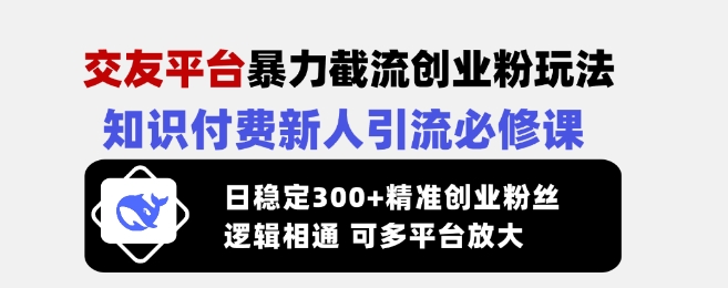 交友平台暴力截流创业粉玩法，知识付费新人引流必修课，日稳定300+精准创业粉丝，逻辑相通可多平台放大-项目创薪