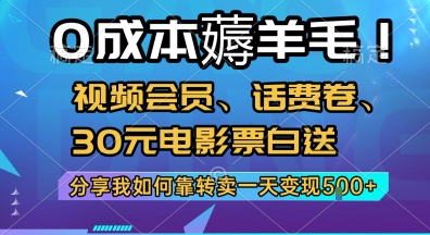 0成本薅羊毛!视频会员、话费卷、30元电影票白送，分享我如何靠转卖一天变现5张+【揭秘】-项目创薪