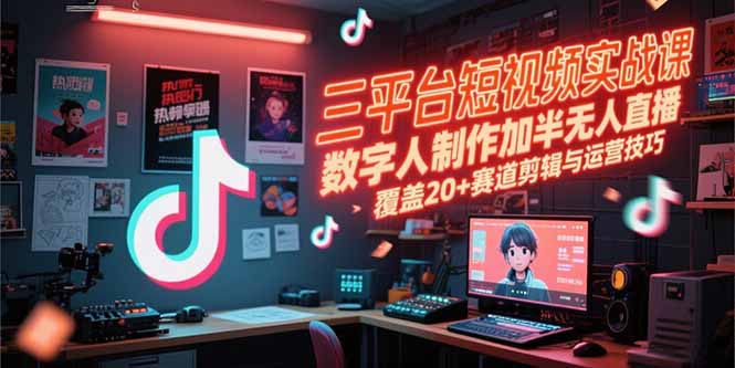 三平台短视频实战课，数字人制作加半无人直播，覆盖20+赛道剪辑与运营技巧-项目创薪