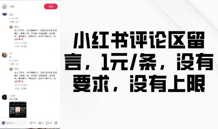 小红书评论区留言，1元条，没有要求，没有上限-项目创薪