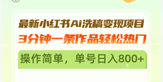 最新小红书Ai洗稿变现项目 3分钟一条作品轻松热门 操作简单，单号日入800+-项目创薪