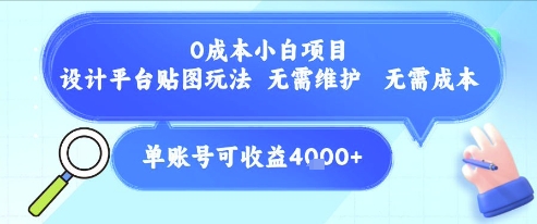 0成本小白项目，设计平台贴图玩法，无需维护，无需成本，单账号单月可产生收益4k+-项目创薪