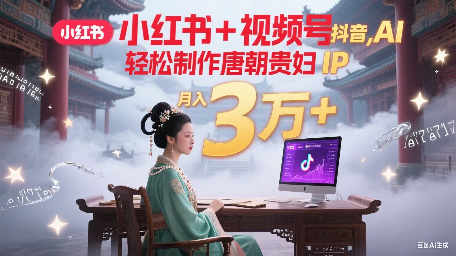 小红书+视频号+抖音，AI轻松制作唐朝贵妇IP，毒鸡汤、励志、减肥瘦身、养生赛道轻松切入，每天30分钟，轻松产出N条，月入3万+-项目创薪