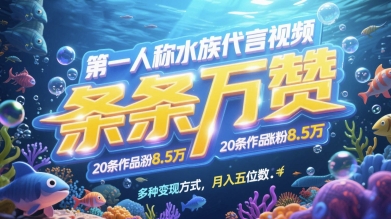 第一人称水族代言视频，条条万赞，20条作品涨粉7.8W，多种变现方式月入五位数-项目创薪